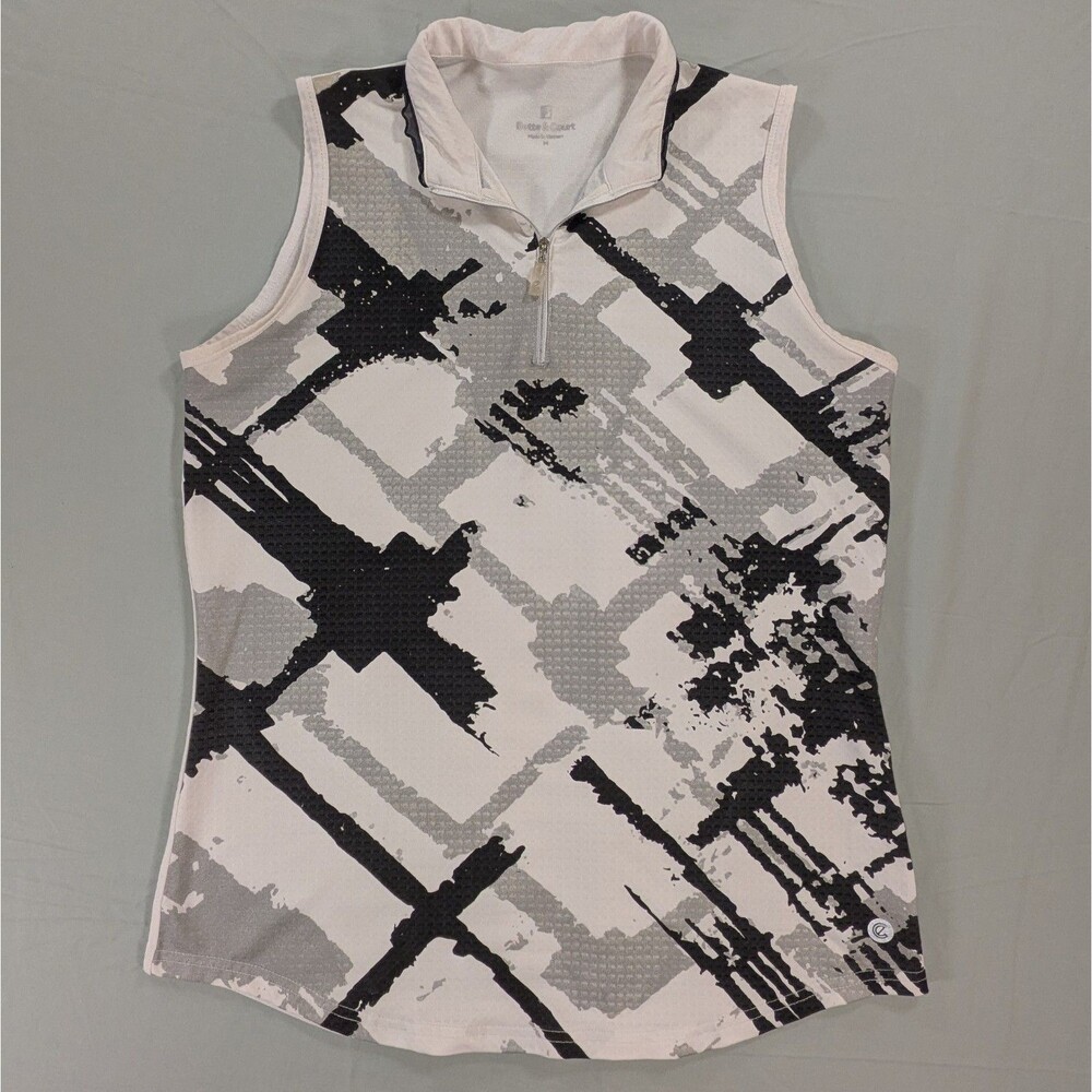 Bette & Court Polo Shirt Womens M Black White Geometric Sleeveless 1/4 Zip Golf